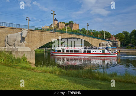 Saale-Fluss mit Burg Giebichenstein in Halle, Deutschland Stockfoto