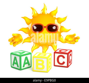 3d Cartoon sun Charakter mit einigen Alphabet Blöcke Stockfoto