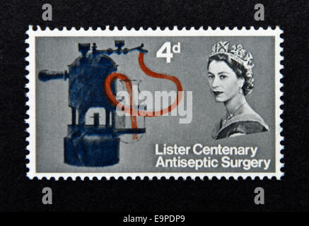 Briefmarke. Great Britain. Königin Elizabeth II.  Hundertjahrfeier der Joseph Listers Entdeckung der antiseptischen Chirurgie. 1965. Stockfoto