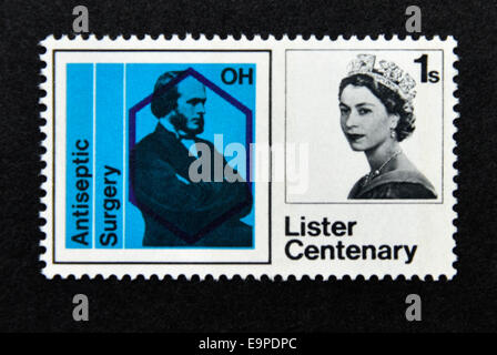 Briefmarke. Great Britain. Königin Elizabeth II.  Hundertjahrfeier der Joseph Listers Entdeckung der antiseptischen Chirurgie. 1965. Stockfoto