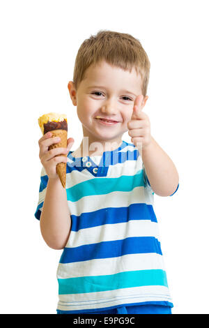 Kid Boy Eis essen und Ordnung Anzeichen Stockfoto