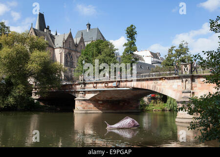 Blick auf Fluss Lahn, Marburg, Hessen, Deutschland, Europa, Marburg, Stadtansicht, Stockfoto