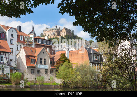 Ansicht von Marburg, Fluss Lahn, Marburg, Hessen, Deutschland, Europa, Stockfoto