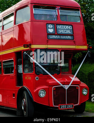 Alten roten Doppeldecker-Bus für Hochzeit dekoriert. Stockfoto