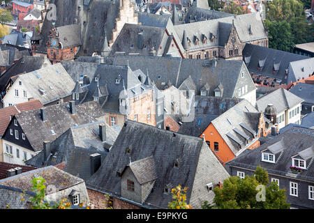 Mit Blick auf die Dächer der Altstadt, Marburg, Hessen, Deutschland, Europa, Stockfoto