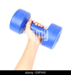 Hand mit blau Hantel auf weißem Hintergrund Stockfoto