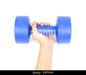 Hand mit blau Hantel auf weißem Stockfoto