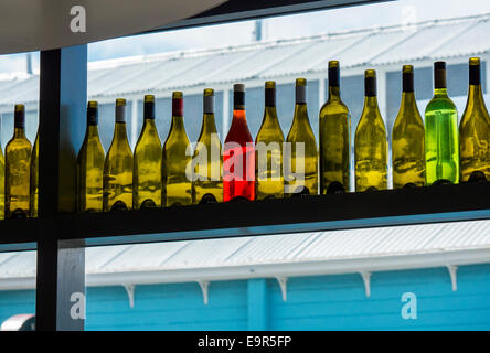 Leere rote und grüne Weinflaschen auf dem Display, Restaurant in Wellington, Neuseeland Stockfoto