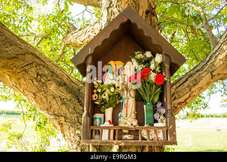 Votiv AEDI-gewidmet der Jungfrau Maria auf einem Baum in der Nähe der mittelalterlichen Landschaft Kirche Campanile befindet sich in der Ortschaft Santa Maria in Fabriago in der Region Emilia-Romagna in Norditalien Stockfoto