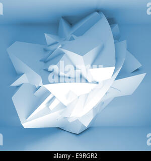 Abstrakt 3d blauer Hintergrund mit großen chaotischen geformte Objekt im leeren Raum Innenraum Stockfoto