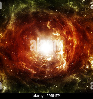 Schwarzes Loch strahlt helles rotes Licht im fernen Kosmos Stockfoto