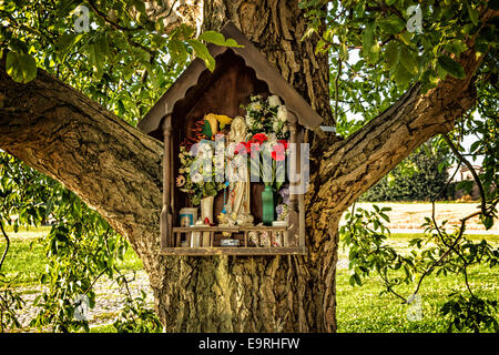 Votiv AEDI-gewidmet der Jungfrau Maria auf einem Baum in der Nähe der mittelalterlichen Landschaft Kirche Campanile befindet sich in der Ortschaft Santa Maria in Fabriago in der Region Emilia-Romagna in Norditalien Stockfoto