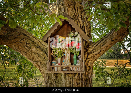 Votiv AEDI-gewidmet der Jungfrau Maria auf einem Baum in der Nähe der mittelalterlichen Landschaft Kirche Campanile befindet sich in der Ortschaft Santa Maria in Fabriago in der Region Emilia-Romagna in Norditalien Stockfoto