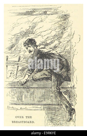 Eine Illustration aus Mark Twains Werk von 1883, Seite 494, mit dem Titel Over the Breastboard. Das Bild zeigt eine Szene im Zusammenhang mit Twains literarischer Reise, die seinen einzigartigen Erzählstil und seinen Beobachtungshumor widerspiegelt. Stockfoto