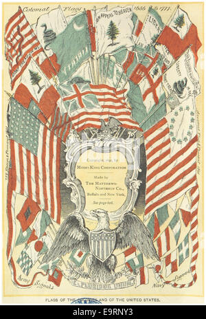 Eine historische Illustration aus dem Jahr 1891, die die Flaggen verschiedener US-Kolonien und der Vereinigten Staaten zu dieser Zeit zeigt, wie vielfältig und verändert die amerikanischen Flaggendesigns vor und nach der Unabhängigkeit sind. Stockfoto
