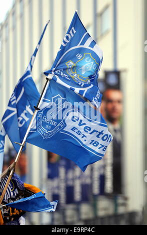 Liverpool, Vereinigtes Königreich. Samstag, 1. November 2014 im Bild: Banner mit Bildern von Everton Manager Roberto Martinez und seine Spieler außerhalb Goodison Park.  Re: Premier League Everton V Swansea City FC im Goodison Park, Liverpool, Merseyside, England. Bildnachweis: D Legakis/Alamy Live-Nachrichten Stockfoto