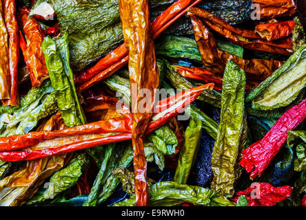 Eine lebendige Ernte von bunten Cayennes. Stockfoto