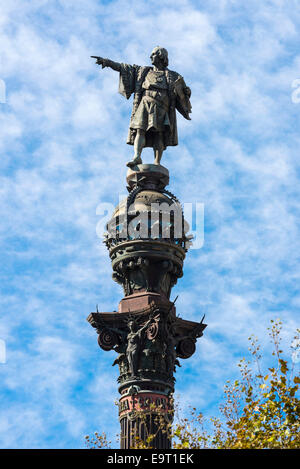 Nahaufnahme von Christopher Columbus-Denkmal in der Nähe von Las Ramblas in Barcelona, Katalonien, Spanien. Stockfoto