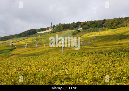 Niederwalddenkmal, Weinberge und Seilbahn im Herbst. Rüdesheim am Rhein, Hessen, Deutschland. Stockfoto