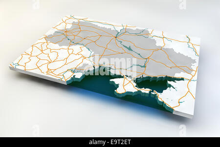 3D Karte der Ukraine ohne Krim mit Straßen und Flüsse auf grauem Hintergrund Stockfoto