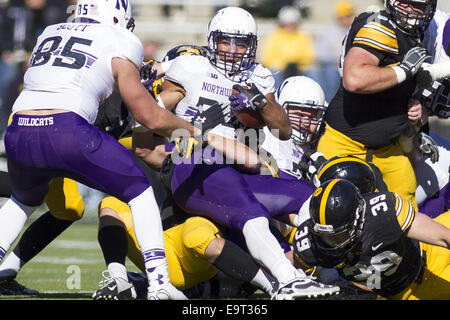 Iowa City, Iowa, USA. 1. November 2014. Eine Vielzahl von Hawkeyes senken Northwestern Wildcats Runningback Warren Long (34) in der NCAA Football-Spiel zwischen den Iowa Hawkeyes und Northwestern Wildcats, Kinnick Stadium in Iowa City, IA, Samstag, 1. November 2014. Bildnachweis: Louis Brems/Quad-Stadt-Zeiten / ZUMA Draht/Alamy Live News Stockfoto