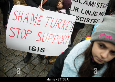 Oslo, Norwegen. 1. November 2014. Ein Schild steht "Schande Türkei, stoppen Unterstützung ISIS" als kurdische Flüchtlinge und ihre Anhänger überschwemmen Oslos Youngstorget Plaza als Teil des globalen Rallyes in Solidarität mit den belagerten syrischen Stadt Kobani, der der Westen unterstützte Krieg gegen die Aufständischen islamischer Staat, 1. November 2014 geworden ist. Bildnachweis: Ryan Rodrick Beiler/Alamy Live-Nachrichten Stockfoto