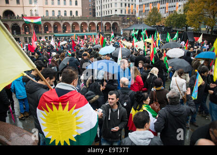 Oslo, Norwegen. 1. November 2014. Kurdische Flüchtlinge und ihre Unterstützer Flut Oslos Youngstorget Plaza als Teil des globalen Rallyes in Solidarität mit den belagerten syrischen Stadt Kobani, der der Westen unterstützte Krieg gegen die Aufständischen islamischer Staat, 1. November 2014 geworden ist. Bildnachweis: Ryan Rodrick Beiler/Alamy Live-Nachrichten Stockfoto