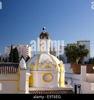 Ein paar Weißstörche auf ihrem Stick-Nest auf einer Kirche im Zentrum Faro, Algarve, Portugal. Stockfoto