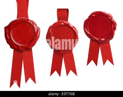 Siegel aus rotem Wachs Signets Sammlung mit Band oder Bogen isoliert Stockfoto