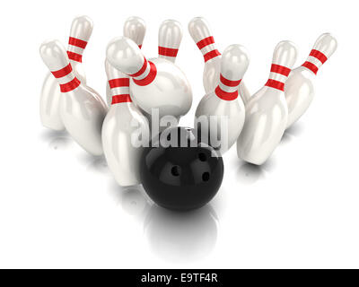 3D Render eine Bowling-Kugel trifft die pins Stockfoto