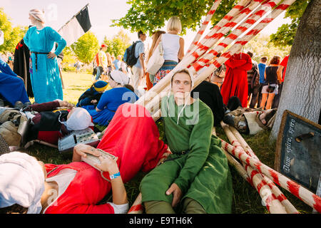 MINSK - 19 JUL: Krieger Teilnehmer des VI Festival der mittelalterlichen Kultur 'Our Grunwald' 604 Jubiläum der Schlacht gewidmet Stockfoto