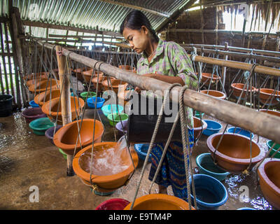 Twante, Yangon Division, Myanmar. 2. November 2014. Ein Arbeiter gießt Wasser in Schalen in einer Keramikfabrik in Twante, Myanmar. Das Wasser wird verwendet, um die Schüssel zu testen. Twante, ist ungefähr 20 Meilen von Yangon, am besten bekannt für seine traditionellen Keramik. Die Keramik-Hersteller kämpfen, aber Arbeiter in ihren Ställen zu halten. Wie Myanmar bis zu außerhalb Investitionen öffnet und seine Wirtschaft erweitert, ziehen sich junge Menschen nach Yangon, Arbeitsplätze in den besser bezahlten Tourismusindustrie oder in den Fabriken, die um Yangon sprießen. © Jack Kurtz/ZUMA Draht/Alamy Live-Nachrichten Stockfoto