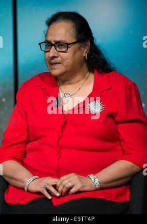 Padma Yanamandra-Fisher, leitender wissenschaftlicher Mitarbeiter, Space Science Institute, Rancho Cucamonga Zweig, Kalifornien gibt Anmerkungen während einer Pressekonferenz wo sie und andere Diskussionsteilnehmer wie Raum und Erde-Anlagen verwendet werden skizziert, Bild und studieren Stockfoto