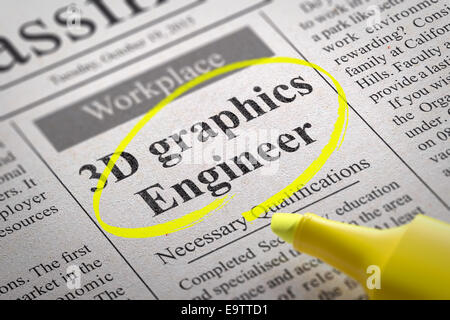 3D Grafik Ingenieur Vakanz in der Zeitung. Job-Suche-Konzept. Stockfoto