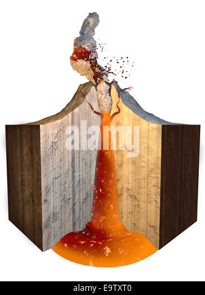 Abschnitt der Vulkan ausbrechen Lava isoliert auf weißem Hintergrund Stockfoto