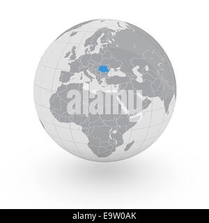 Rumänien auf Globus isoliert auf weißem Hintergrund Stockfoto
