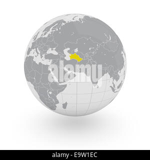 Turkmenistan auf Globus isoliert auf weißem Hintergrund Stockfoto