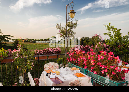 Esstische in eleganten Stil italienische Restaurant auf eisernen Gitter Brüstung auf den Hügeln von Dozza (Bo) in Italien an einem sonnigen Sommertag im Freien: echte rote, gelbe und rosa Blüten mit grünen Blätter in grün Töpfe rund um. Rosa Servietten und Tischdecken, edel Stockfoto