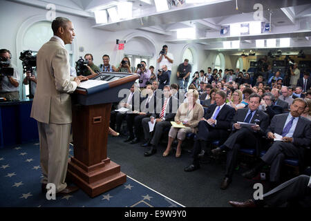 Präsident Barack Obama liefert eine Aussage in der James S. Brady Press Briefing-Room des weißen Hauses, 28. August 2014.   PH Stockfoto