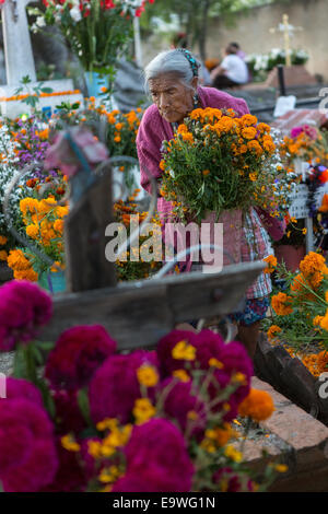 Eine ältere Frau legt ein Bündel von Blumen am Grab eines Angehörigen auf dem Friedhof San Felipe del Agua im Laufe des Tages von den Dead Festival in Spanisch als D'a de Muertos am 2. November 2014 in Oaxaca, Mexiko bekannt. Stockfoto