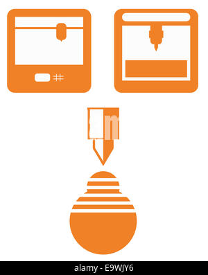 Symbole von 3d Druckern Technologie, flach orange auf weißem Hintergrund isoliert Vektor Stockfoto