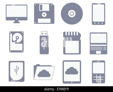 Vektor Icon Set von verschiedenen Speicher- und Geräten: Flopp, CD, Festplatte, Tablet, Handy - isoliert auf w Stockfoto