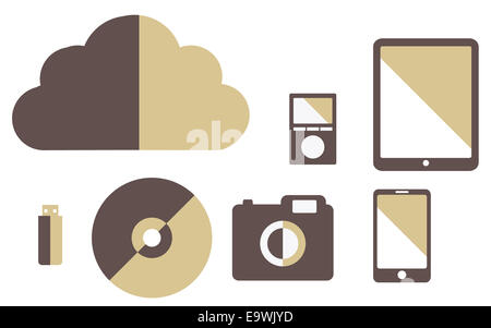 Vektor-Sammlung von Medien Gadgets Vintage Farbe Cloud, Tablet, USB-Stick, Smartphone, Kamera, player Stockfoto