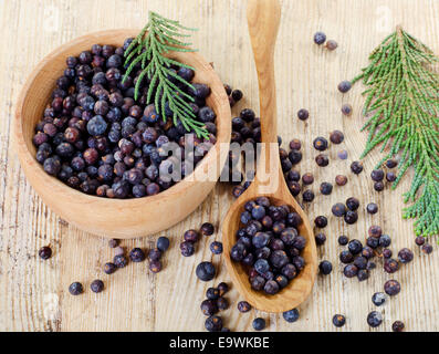 Hölzerne Schüssel und Löffel mit Samen von Juniper. Selektiven Fokus Stockfoto