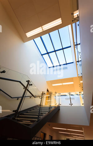 Treppe ins Atrium des Korridors des modernen Gebäudes nachschlagen Stockfoto