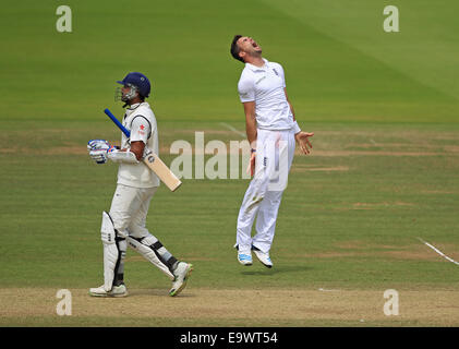 Cricket - feiert James Anderson von England nimmt das Wicket Murali Vijay von Indien an den Herrn Testspiel im Jahr 2014 Stockfoto