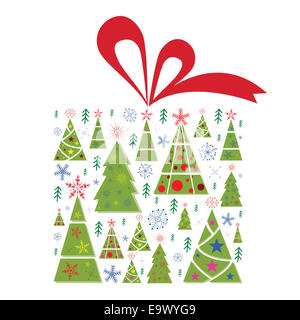 Illustration der Weihnachts-Geschenk-Box mit rotem Band, isoliert auf weiss. Geschenk-Box ist voll von grünen Weihnachtsbaum und Schneeflocken Stockfoto