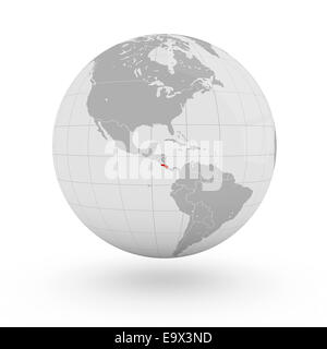 Costa Rica auf Globus isoliert auf weißem Hintergrund Stockfoto