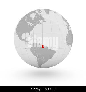 Guyana auf Globus isoliert auf weißem Hintergrund Stockfoto