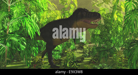 Dichten Dschungel Laub versteckt einen großen Tyrannosaurus Rex Dinosaurier, als er nach Beute jagt. Stockfoto